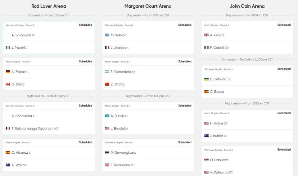 澳网首日赛程公布：阿卡萨巴夜场亮相，白卓璇张之臻出战